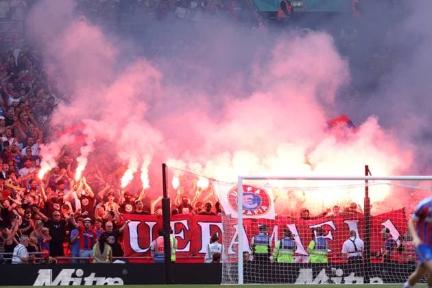London, England, 10th August 2025. Crystal Palace fans set off flares and show signs in protest of UEFA during the Crystal Palace vs Liverpool FA Community Shield match at Wembley Stadium, London. Picture credit should read: Paul Terry Sportimage EDITORIAL USE ONLY. No use with unauthorised audio, video, data, fixture lists, club league logos or live services. Online in-match use limited to 120 images, no video emulation. No use in betting, games or single club league player publications. SPI_114_PT_Crystal_Palace_Liverpool SPI-4057-0172