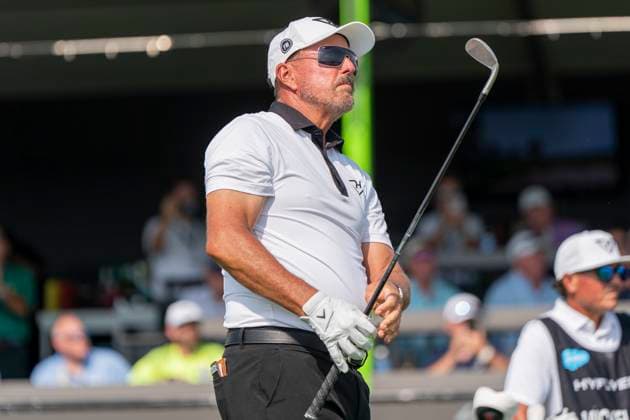 BOLINGBROOK, IL - AUGUST 10: Phil Mickelson watches his shot at the sixth tee during the final round of LIV Golf Chicago on Sunday, August 10, 2025 at Bolingbrook Golf Club in Bolingbrook, IL (Photo by Ben Hsu Icon Sportswire) GOLF: AUG 10 LIV Golf Chicago EDITORIAL USE ONLY Icon224250810027