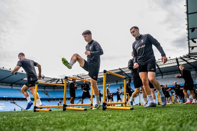 250811 Kenan Busuladzic and Andrej Djuric during a UEFA Champions League training session with Malmö FF on August 11, 2025 in Malmö. Photo: Petter Arvidson BILDBYRAN kod PA PA1059 fotboll football soccer fotball uefa champions league champions league träning practice training malmö ff bbeng Copyright: PETTERxARVIDSON BB250811PA003