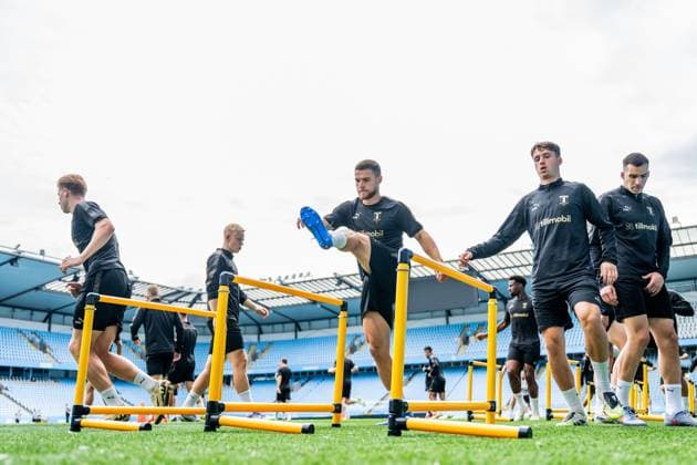 250811 Gabriel Busanello and Kenan Busuladzic during a UEFA Champions League training session with Malmö FF on August 11, 2025 in Malmö. Photo: Petter Arvidson BILDBYRAN kod PA PA1059 fotboll football soccer fotball uefa champions league champions league träning practice training malmö ff bbeng Copyright: PETTERxARVIDSON BB250811PA009