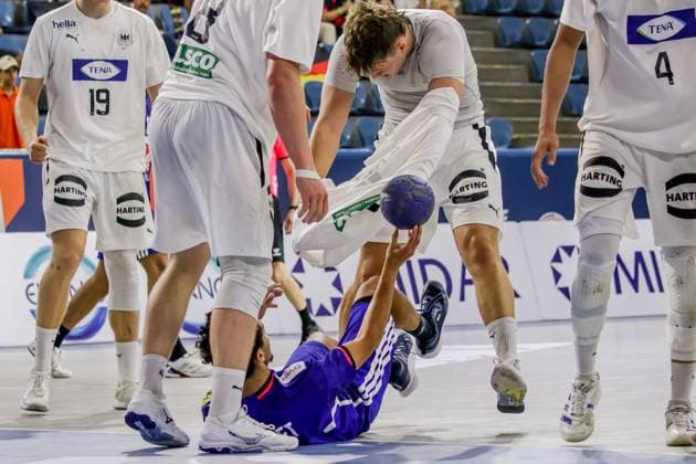 August 11, 2025, Cairo, Cairo, Egypt: BURDET MATHIS The France Player In Action Momment With The germany player During A 11TH IHF Men s Youth World Championship, WM, Weltmeisterschaft Egypt 2025 Between Germany And France At Cairo Stadium Hall 2 Cairo Egypt - ZUMAe138 20250811_zsp_e138_031 Copyright: xBassemxElziatyx