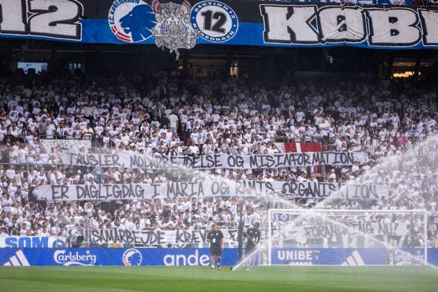 250812 Fans of FC Copenhagen with a banner ahead of the UEFA Champions League qualifier football match between FC Copenhagen and Malmö FF on August 12, 2025 in Copenhagen. Photo: Petter Arvidson BILDBYRAN kod PA PA1061 fotboll football soccer fotball uefa champions league champions league fc copenhagen malmö ff bbeng kval fc köpenhamn publik Copyright: PETTERxARVIDSON BB250812PA032