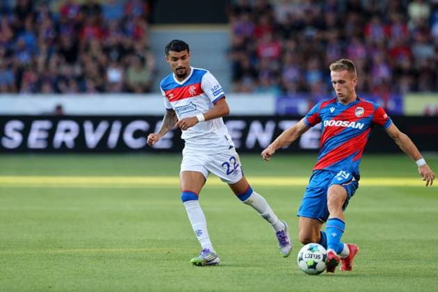 Jefte of Rangers and Amar Memic of FC Viktoria Plzen during the UEFA Champions League Third Round qualifying second leg at the Doosan Arena, Plzen. Viktoria Plzen v Rangers, UEFA Champions League, 3rd Qualifying Round, Second Leg, Football, Doosan Arena, Plzen, Czech Republic, UK - 12 Aug 2025Plzen Doosan Arena Czech Republic EDITORIAL USE ONLY No use with unauthorised audio, video, data, fixture lists, club league logos or live services. Online in-match use limited to 120 images, no video emulation. No use in betting, games or single club league player publications. Copyright: xRangersxFC Shutterstockx 15438242as