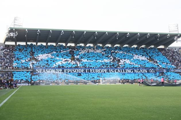 Club s supporters pictured before a soccer game between Belgian soccer team Club Brugge and Austrian team FC Salzburg, on Tuesday 12 August 2025 in Brugge, the second leg of the third qualifying round for the UEFA Champions League competition. BRUNOxFAHY  x131098194x