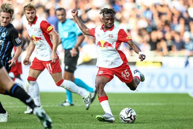 Salzburg s Dorgeles Nene pictured in action during a soccer game between Belgian soccer team Club Brugge and Austrian team FC Salzburg, on Tuesday 12 August 2025 in Brugge, the second leg of the third qualifying round for the UEFA Champions League competition. BRUNOxFAHY  x131099159x