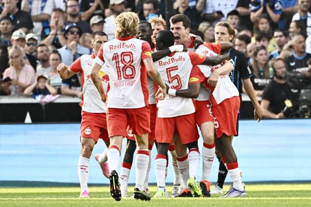 250812 Club Brugge vs RB Salzburg Jacob Rasmussen of RB Salzburg celebrates after scoring the 0-1 goal during a football game between Club Brugge and RB Salzburg, the 2nd leg of the third qualifying round for the UEFA Champions League season 2025-2026 on August 12, 2025 in Bruges, Belgium. (Photo by Maarten Straetemans Isosport) Bruges Jan Breydelstadion Belgium  Copyright: xIsosportxMaartenxStraetemansx
