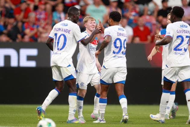 Lyall Cameron of Rangers celebrates scoring a goal to make it 1-1 with team mates Viktoria Plzen v Rangers, UEFA Champions League, 3rd Qualifying Round, Second Leg, Football, Doosan Arena, Plzen, Czech Republic, UK - 12 Aug 2025Plzen Doosan Arena Czech Republic EDITORIAL USE ONLY No use with unauthorised audio, video, data, fixture lists, club league logos or live services. Online in-match use limited to 120 images, no video emulation. No use in betting, games or single club league player publications. Copyright: xMilanxKammermeyer Shutterstockx 15437971u