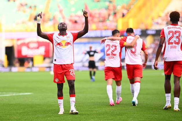 Club Brugge v Salzburg - UEFA Champions League BRUGGE, BELGIUM - AUGUST 12 : Baidoo Edmund forward of Red Bull Salzburg celebrating scoring a goal during the UEFA Champions League 2025 26 third qualifying round second leg between Club Brugge and Salzburg on August 12, 2025 in Brugge, Belgium, 12 08 2025 Brugge Belgium  Copyright: xGvgx
