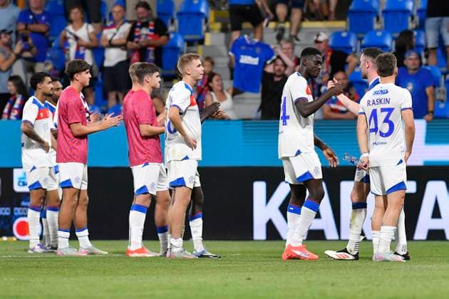 Rangers players celebrate their progress after the 3rd qualifying round match FC Viktoria Plzen vs Glasgow Ranger, Plzen, August 12, 2025. (CTKxPhoto MiroslavxChaloupka) CTKPhotoP2025081206581  CTKPhotoP2025081206581