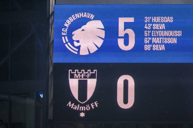 250812 The score board during the UEFA Champions League qualifier football match between FC Copenhagen and Malmö FF on August 12, 2025 in Copenhagen. Photo: Petter Arvidson BILDBYRAN kod PA PA1061 fotboll football soccer fotball uefa champions league champions league fc copenhagen malmö ff bbeng kval fc köpenhamn Copyright: PETTERxARVIDSON BB250812PA142