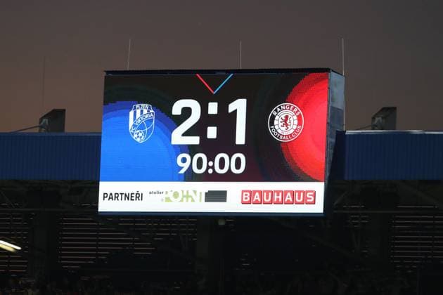 The full time score during the UEFA Champions League Third Round qualifying second leg at the Doosan Arena, Plzen. Viktoria Plzen v Rangers, UEFA Champions League, 3rd Qualifying Round, Second Leg, Football, Doosan Arena, Plzen, Czech Republic, UK - 12 Aug 2025Plzen Doosan Arena Czech Republic EDITORIAL USE ONLY No use with unauthorised audio, video, data, fixture lists, club league logos or live services. Online in-match use limited to 120 images, no video emulation. No use in betting, games or single club league player publications. Copyright: xRangersxFC Shutterstockx 15438242gb