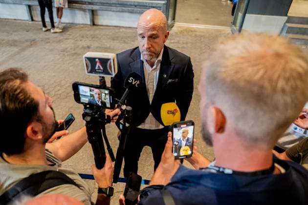 250812 Head coach Henrik Rydström of Malmö FF is being interviewed in the mixed zone after the UEFA Champions League qualifier football match between FC Copenhagen and Malmö FF on August 12, 2025 in Copenhagen. Photo: Petter Arvidson BILDBYRAN kod PA PA1061 fotboll football soccer fotball uefa champions league champions league fc copenhagen malmö ff bbeng kval fc köpenhamn Copyright: PETTERxARVIDSON BB250812PA155