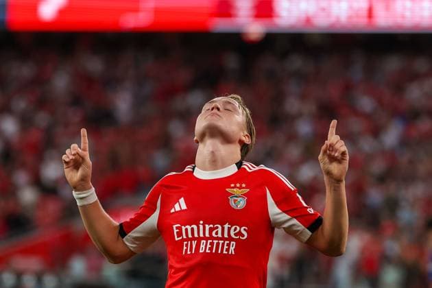 Portugal, Lissabon 2025.08.12 xJFx Rückspiel Dritte Qualifikationsrunde Uefa Champions League 2025 26 , S.L.Benfica - OGC Nice v.l., Andreas Schjelderup (S.L.Benfica) Torjubel, Goal celebration, celebrate the goal zum 2:0 Copyright: JoaquimxFerreira