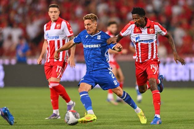 CRVENA ZVEZDA vs LECH JOEL PEREIRA, football coach of Lech Poznan during UEFA Champion League qualification match against Crvena Zvezda, and PETER OLAYINKA, at Stadium Rajko Mitic. Belgrade, 12.08.2025 photo: MN Press Photo Agency FOOTBALL, UEFA CHAMPION LEAGUE QUALIFICATIONS MATCH, CRVENA ZVEZDA, RED STAR, LECH POZNAN Belgrade Stadium Rajko Mitic Serbia Copyright: xMarkoxMetlas xMNxPressx