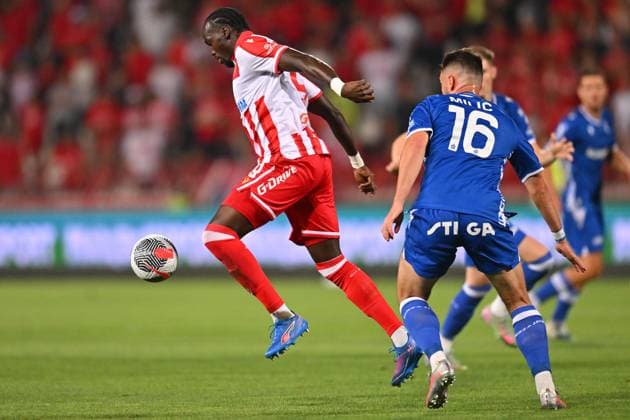 CRVENA ZVEZDA vs LECH PEPE CHERIF NDIAYE, football player of Crvena Zvezda, during UEFA Champion League qualification match against Lech Poznan, and ANTONIO MILIC, at Stadium Rajko Mitic. Belgrade, 12.08.2025 photo: MN Press Photo Agency FOOTBALL, UEFA CHAMPION LEAGUE QUALIFICATIONS MATCH, CRVENA ZVEZDA, RED STAR, LECH POZNAN Belgrade Stadium Rajko Mitic Serbia Copyright: xMarkoxMetlas xMNxPressx