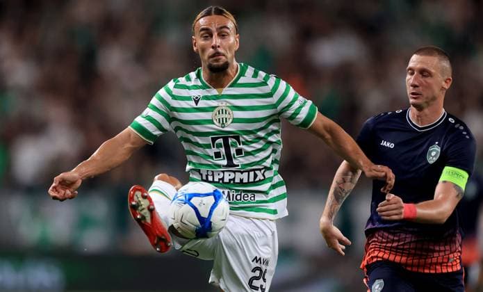 12.08.2025 Budapest Ferencvarosi TC-PFK Ludogorets Mostar Champion s League third leg qualifiers men s football Cebrail Makreckis(L),Anton Nedyalkov (R) Ludogorets :