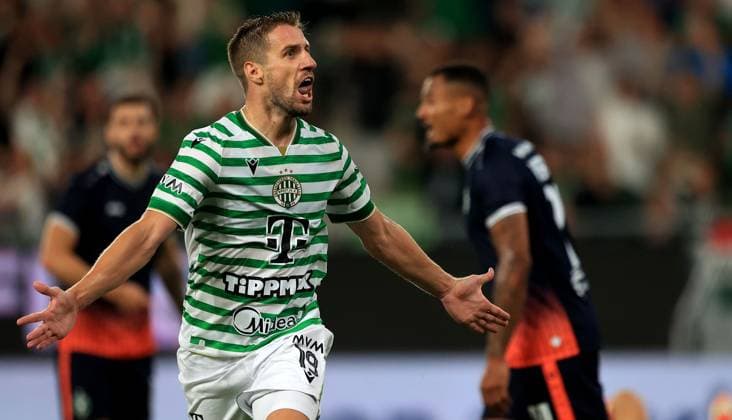 12.08.2025 Budapest Ferencvarosi TC-PFK Ludogorets Mostar Champion s League third leg qualifiers men s football Barnabas Varga Ferencvaros celebrate scored goal :