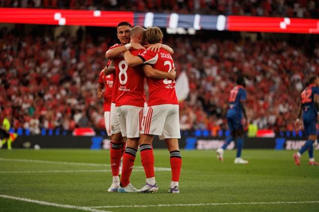 Fredrik Aursnes and Andreas Schjelderup seen celebrating after scoring goal during Champions League qualifying game between SL Benfica and OGC Nice (Maciej Rogowski) Lisbon Estadio Da Luz Portugal Copyright: xMaciejxRogowskix slbogcnice2526-04