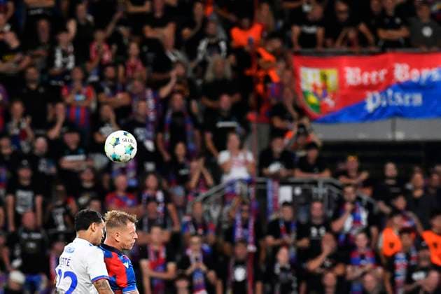 L-R Jefte (Glasgow) and Matej Vydra (Plzen) in action during the 3rd qualifying round match FC Viktoria Plzen vs Glasgow Ranger, Plzen, August 12, 2025. (CTKxPhoto MiroslavxChaloupka) CTKPhotoP2025081206748  CTKPhotoP2025081206748