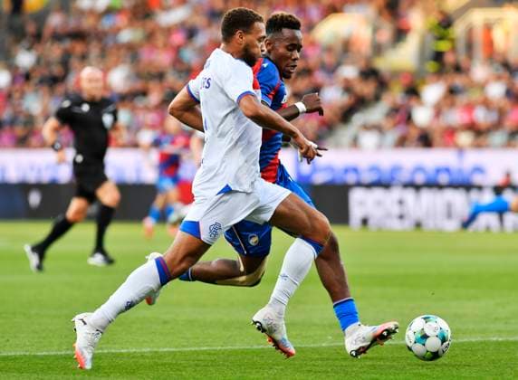 L-R Cyriel Dessers (Glasgow) and Sampson Dweh (Plzen) in action during the 3rd qualifying round match FC Viktoria Plzen vs Glasgow Ranger, Plzen, August 12, 2025. (CTKxPhoto MiroslavxChaloupka) CTKPhotoP2025081206825  CTKPhotoP2025081206825