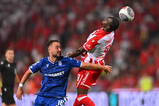 CRVENA ZVEZDA vs LECH PEPE CHERIF NDIAYE, football player of Crvena Zvezda, during UEFA Champion League qualification match against Lech Poznan, and ANTONIO MILIC, at Stadium Rajko Mitic. Belgrade, 12.08.2025 photo: MN Press Photo Agency FOOTBALL, UEFA CHAMPION LEAGUE QUALIFICATIONS MATCH, CRVENA ZVEZDA, RED STAR, LECH POZNAN Belgrade Stadium Rajko Mitic Serbia Copyright: xMarkoxMetlas xMNxPressx