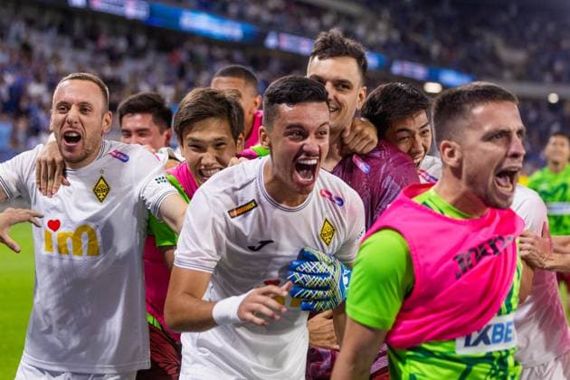 SLOVAN BRATISLAVA - KAIRAT ALMATY Dastan Satpayev of Kairat celebrates with his teammates during third qualifying round of UEFA Champions League football match between SK Slovan Bratislava and Kairat Almaty. Bratislava, Slovakia, August 12, 2025. Copyright: xx 080A5733