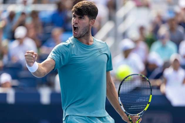 August 12, 2025, Mason, Ohio, USA: CARLOS ALCARAZ celebrates after winning a point against opponent Medjevic during the Cincinnati Open Tennis Tournament. Alcaraz won 6:4 6:4. Mason USA - ZUMAn24_ 20250812_zaf_n24_137 Copyright: xWallyxNellx