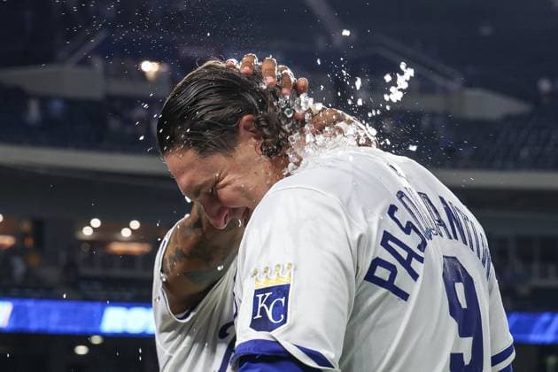 August 12, 2025: Kansas City Royals catcher Salvador Perez (13) puts ice cubes over the head of first baseman Vinnie Pasquantino (9) celebrating their win over the Washington Nationals at Kauffman Stadium in Kansas City, MO. CSM Kansas City United States of America - ZUMAc04_ 20250812_zma_c04_075 Copyright: xDavidxSmithx