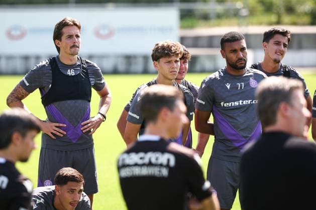SOCCER - UEFA ECL, A.Wien vs Ostrava VIENNA,AUSTRIA,13.AUG.25 - SOCCER - UEFA Conference League, qualification, FK Austria Wien vs Banik Ostrava, preview, training A.Wien. Image shows Johannes Handl, Matteo Schablas, Luca Pazourek, Maurice Malone and Dejan Radonjic (A.Wien). GEPAxpictures xArminxRauthner