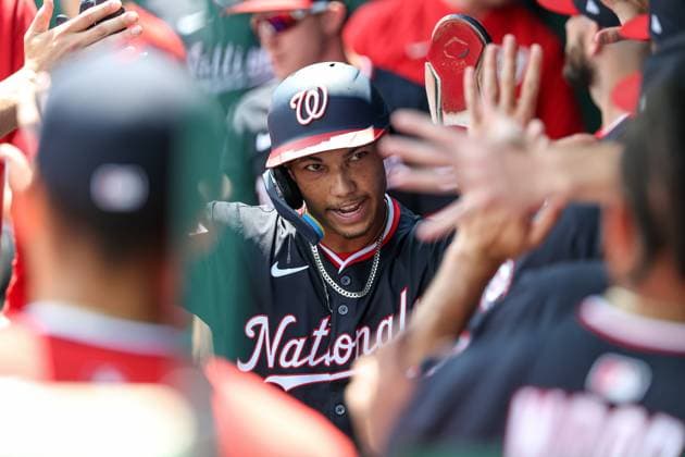 August 13, 2025: Washington Nationals right fielder Daylen Lile (51) celebrates scoring a run with teammates during the first inning against the Kansas City Royals at Kauffman Stadium in Kansas City, MO. CSM Kansas City United States of America - ZUMAc04_ 20250813_zma_c04_034 Copyright: xDavidxSmithx
