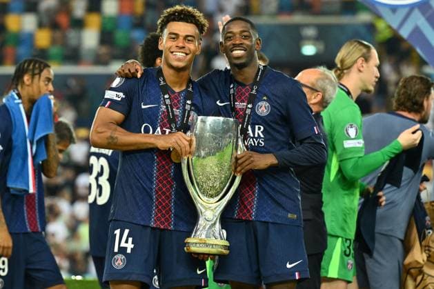 CALCIO - UEFA Super Cup - Paris Saint-Germain FC vs Tottenham Hotspur FC Desire Doue of Paris Saint-Germain F.C. and Ousmane Dembele of Paris Saint-Germain F.C. celebrate the vicroty of the UEFA Super Cup 2025 match between Paris Saint-Germain F.C. and Tottenham Hotspur F.C. at Friuli Stadium on August 13, 2025 in Udine, Italy. Udine Italy  Copyright: xIPAxSport ABACAx
