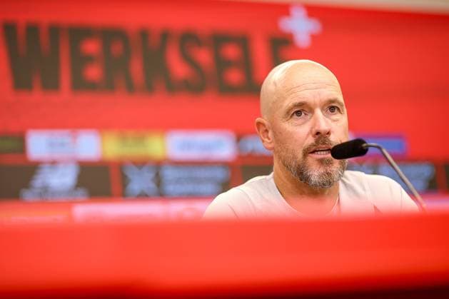 14.08.2025, Fußball, DFB-Pokal, Pressekonferenz Bayer 04 Leverkusen in der BayArena, Saison 2025 2026: Cheftrainer Erik ten Hag vor dem Auswärtsspiel bei der SG Sonnenhof Großaspach. DFB regulations prohibit any use of photographs as image sequences and or quasi-video. Nordrhein-Westfalen Deutschland