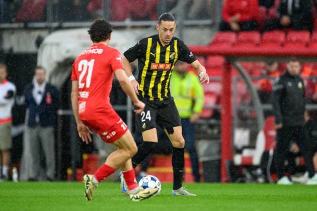 250814 Amor Layouni of Häcken during the UEFA Europa League third qualifying round football match between Brann and Häcken on August 14, 2025 in Bergen. Photo: Carl Sandin BILDBYRAN kod CS CS0753 fotboll football soccer fotball uefa europa league europa league brann häcken bbeng Copyright: CARLxSANDIN BB250814CS057