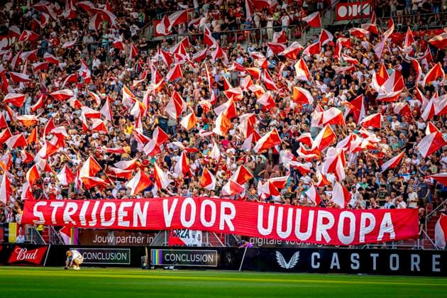 Supporters of FC Utrecht during the match Utrecht - Servette at the Galgenwaard stadium for the UEFA Europa League - Third qualifying round - 2nd leg season 2025-2026 in UTRECHT, Netherlands on 14 august 2025, (photo by Marcel van Dorst EYE4images)