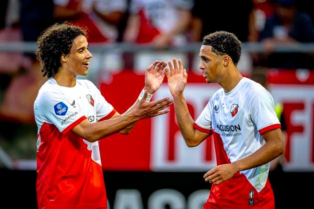 FC Utrecht forward Miguel Rodriguez celebrating the goal of FC Utrecht forward Adrian Blake during the match Utrecht - Servette at the Galgenwaard stadium for the UEFA Europa League - Third qualifying round - 2nd leg season 2025-2026 in UTRECHT, Netherlands on 14 august 2025, (photo by Marcel van Dorst EYE4images DeFodi Images)