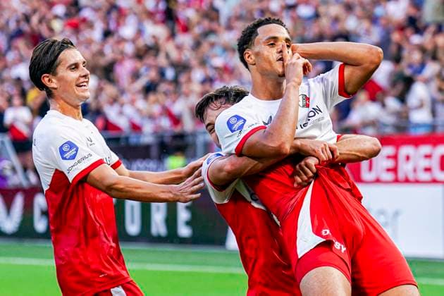 2025-08-14 FC Utrecht v Servette FC - UEFA Europa League 2025 26 Third Qualifying Round Second Leg UTRECHT, NETHERLANDS - AUGUST 14: Adrian Blake of FC Utrecht celebrates with Souffian El Karouani of FC Utrecht and Victor Jensen of FC Utrecht after scoring his teams first goal, but the goal was disallowed by the VAR during the UEFA Europa League 2025 26 Third Qualifying Round Second Leg match between FC Utrecht and Servette FC at Stadion Galgenwaard on August 14, 2025 in Utrecht, Netherlands. Utrecht Stadion Galgenwaard Netherlands Content not available for redistribution in The Netherlands directly or indirectly through any third parties. Copyright: xJorisxVerwijstx