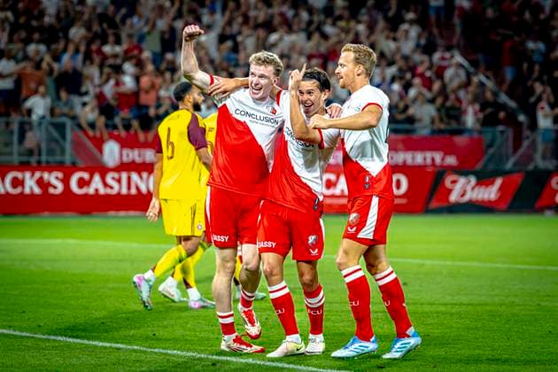 FC Utrecht midfielder Victor Jensen scores the 2-0 and celebrating the goal during the match Utrecht - Servette at the Galgenwaard stadium for the UEFA Europa League - Third qualifying round - 2nd leg season 2025-2026 in UTRECHT, Netherlands on 14 august 2025, (photo by Marcel van Dorst EYE4images DeFodi Images)