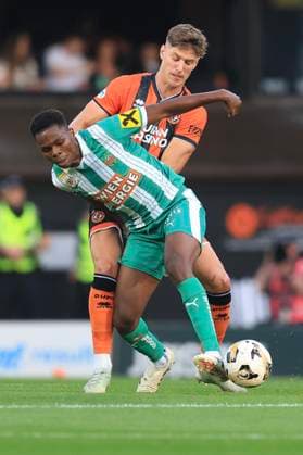 14th August 2025; Tannadice Park, Dundee, Scotland; UEFA Conference League Qualification, Dundee United versus Rapid Vienna; Krisztian Keresztes of Dundee United tussles with Mamadou Sangare of Rapid Vienna  DavidxYoung Content restricted for UK based newspaper