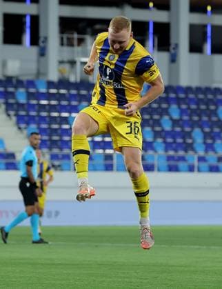 (250815) -- BACKA TOPOLA, Aug. 15, 2025 -- Ido Shahar of Maccabi Tel-Aviv celebrates after scoring his team s first goal during the third qualifying round 2nd leg football match between Maccabi Tel-Aviv of Israel and Hamrun Spartans of Malta at the UEFA Europa League in Backa Topola, Serbia, Aug. 14, 2025. (Photo by Xinhua) (SP)SERBIA-BACKA TOPOLA-FOOTBALL-UEFA EUROPA LEAGUE-MACCABI TEL AVIV VS HAMRUN SPARTANS PredragxMilosavljevic 