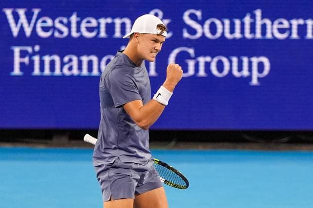 August 14, 2025, Mason, Ohio, USA: Holger Rune (DEN) reacts after a winning shot to Terence Atmane (not pictured) during the fourth round of mens singles at the 2025 Cincinnati Open at Lindner Family Tennis Center. Mason USA - ZUMAw109 20250814_fap_w109_004 Copyright: xDebbyxWongx
