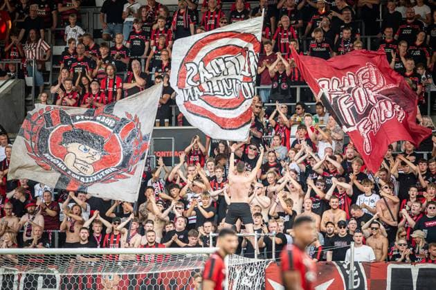 FC Midtjylland v Fredrikstad, UEFA Europa League qualification, Herning, Denmark Herning, Denmark. 14th, August 2025. Football fans of FC Midtjylland seen on the stands at the UEFA Europa League qualification match between FC Midtjylland and Fredrikstad at MCH Arena in Herning. Denmark, Herning  Copyright: xGonzalesxPhoto MortenxKjaerx