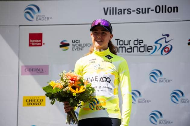 August 15, 2025, Villars-Sur-Ollon, Vaud, Switzerland: Villars-sur-Ollon Switzerland, 08 15 2025: PAULA CAIROL BLASI of UAE TEAM ADQ wins the first stage and wins the yellow jersey during Tour de Romandie women 2025. Tour de Romandie women 2025. The first stage of the Tour de Romandie, which is a time trial between Huemoz and Villars-sur-Ollon and is part of the UCI Wonen s World Tour. Villars-Sur-Ollon Switzerland - ZUMAd206 20250815_zip_d206_004 Copyright: xEricxDubostx