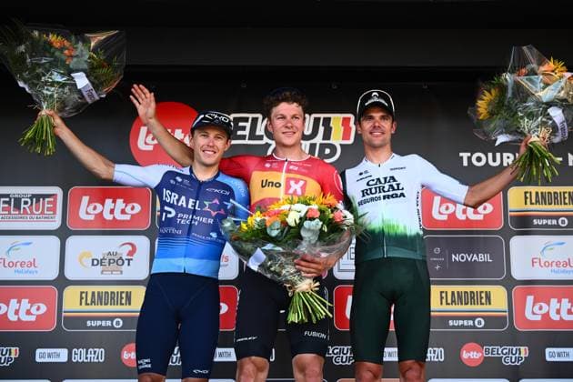 Circuit Franco Belge 2025 Cycling Race MONT-DE-L ENCLUS, BELGIUM - AUGUST 15 : Prades Eduard (ESP) of Caja Rural - Seguros RGA, Strong Corbin (USA) of Israel - Premier Tech, Abrahamsen Jonas (NOR) of Uno-X Mobility on the podium during the 84 edition of Circuit Franco Belge an UCI ProSeries 1.Pro one day cycling road race for Men Elite of 206.7 km with start in Tournai and finish in Mont-de-L enclus on August 15, 2025 in Mont-de-L enclus, Belgium, 15 08 2025 ( Motordriver Guy De Vuyst - Mont-de-L enclus Belgium  Copyright: xGvgx
