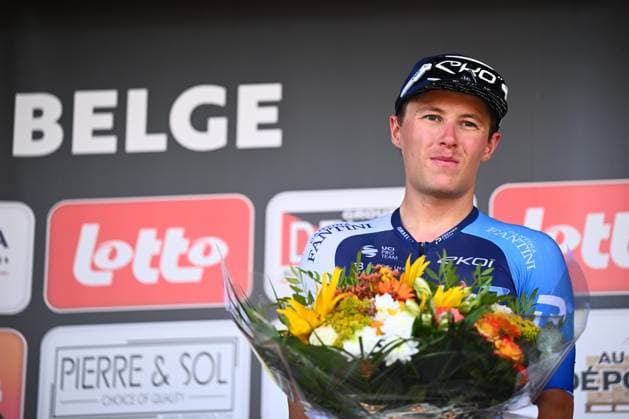 Circuit Franco Belge 2025 Cycling Race MONT-DE-L ENCLUS, BELGIUM - AUGUST 15 : Strong Corbin (USA) of Israel - Premier Tech on the podium during the 84 edition of Circuit Franco Belge an UCI ProSeries 1.Pro one day cycling road race for Men Elite of 206.7 km with start in Tournai and finish in Mont-de-L enclus on August 15, 2025 in Mont-de-L enclus, Belgium, 15 08 2025 ( Motordriver Guy De Vuyst - Mont-de-L enclus Belgium  Copyright: xGvgx