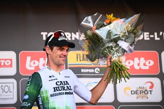 Circuit Franco Belge 2025 Cycling Race MONT-DE-L ENCLUS, BELGIUM - AUGUST 15 : Prades Eduard (ESP) of Caja Rural - Seguros RGA on the podium during the 84 edition of Circuit Franco Belge an UCI ProSeries 1.Pro one day cycling road race for Men Elite of 206.7 km with start in Tournai and finish in Mont-de-L enclus on August 15, 2025 in Mont-de-L enclus, Belgium, 15 08 2025 ( Motordriver Guy De Vuyst - Mont-de-L enclus Belgium  Copyright: xGvgx