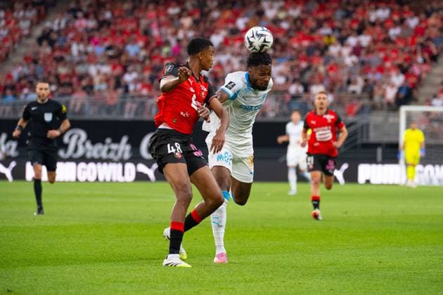 FOOTBALL : Rennes vs Marseille - Ligue 1 - 15 08 2025 Abdelhamid Ait Boudlal ( 48 - Rennes ) and Amir MURILLO ( 62 - Olympique Marseille ) during the Ligue 1 match between Stade Rennais FC and Olympique de Marseille at Roazhon Park on August 15 , 2025 in Rennes, France. ( Photo by Federico Pestellini PsnewZ ) - RennesFrance  Copyright: xFedericoxPestellinix
