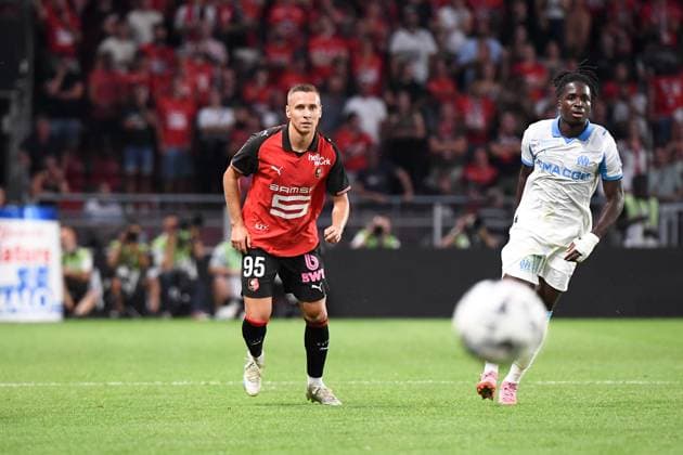 Stade Rennais FC v Olympique de Marseille - Ligue 1 McDonald s 2025 2026 17 Jonathan ROWE (om) - 95 Przemyslaw FRANKOWSKI (srfc) during the Ligue 1 McDonald s match between Rennes and Marseille at Roazhon Park on August 15, 2025 in Rennes, France. Rennes France  Copyright: xFEPx 776368224