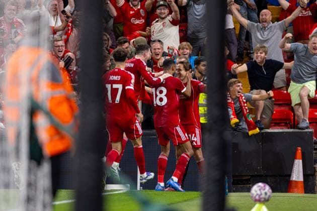 Football - FA Premier League - Liverpool FC v AFC Bournemouth LIVERPOOL, ENGLAND - Friday, August 15, 2025: Liverpool s Federico Chiesa celebrates after scoring the third goal with teammates Curtis Jones, Andy Robertson, Cody Gakpo during the FA Premier League match between Liverpool FC and AFC Bournemouth at Anfield. (Photo by David Rawcliffe Propaganda) LIVERPOOL Anfield MERSEYSIDE ENGLAND  Copyright: xDavidxRawcliffex P2025-08-15-Liverpool_Bournemouth-78