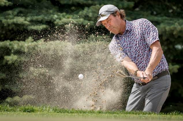 August 15, 2025, Calgary, Ab, CANADA: Canada s Stephen Ames hits out of the sand on the seventh hole during the PGA, Golf Herren Tour Champions golf event in Calgary, Alta., Friday, Aug. 15, 2025. Stephen Ames  - ZUMAc35_ 20250815_zaf_c35_158 Copyright: xJeffxMcintoshx