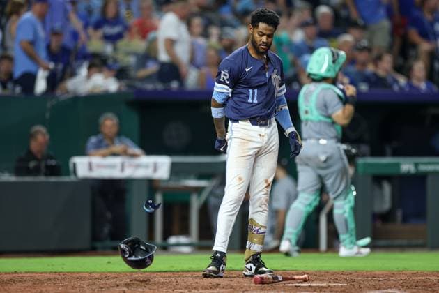 August 15, 2025: Kansas City Royals third baseman Maikel Garcia (11) breaks his helmet after being struck out during the eighth inning against the Chicago White Sox at Kauffman Stadium in Kansas City, MO. CSM Kansas City United States of America - ZUMAc04_ 20250815_zma_c04_250 Copyright: xDavidxSmithx